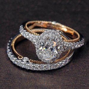 NEW 2PC/Set Oval Diamond Halo Rose Gold Ring